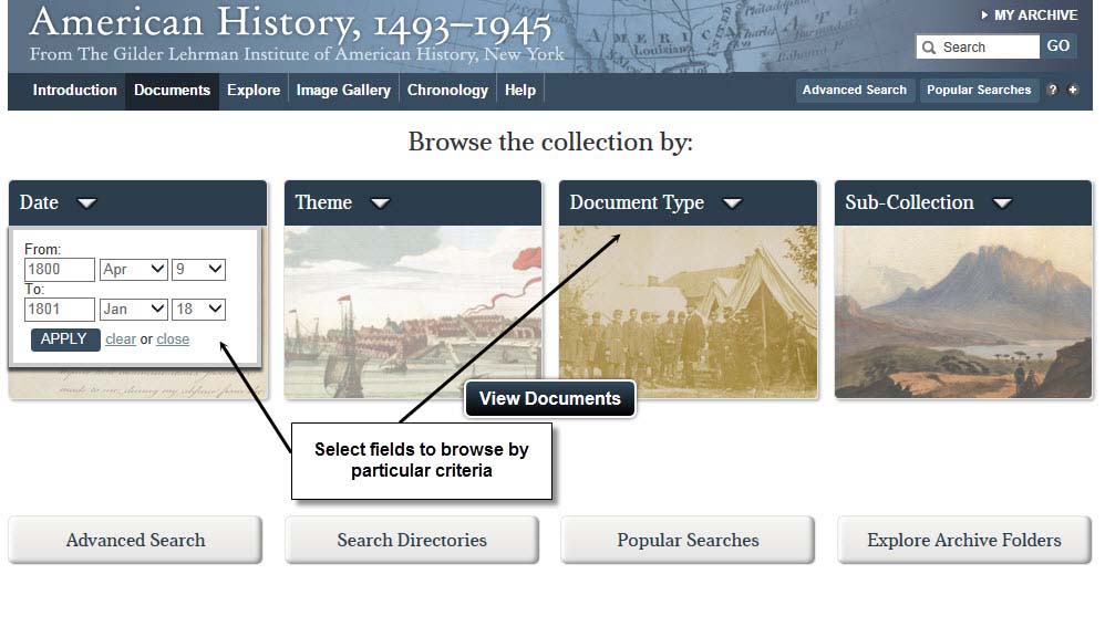 Documents can be browsed by date, theme, document type or sub-collection